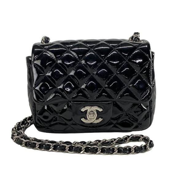 Chanel Mini Square Flap Bag Patent Leather Quilted Black/Silver CC Authentic - Picture 1 of 16